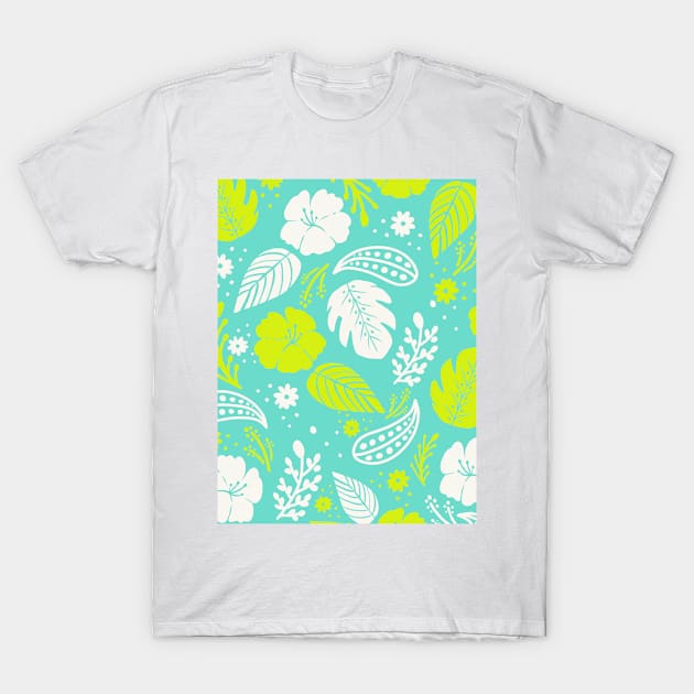 Foliage & Hibiscus Pattern - Blue & Green T-Shirt by tanyadraws